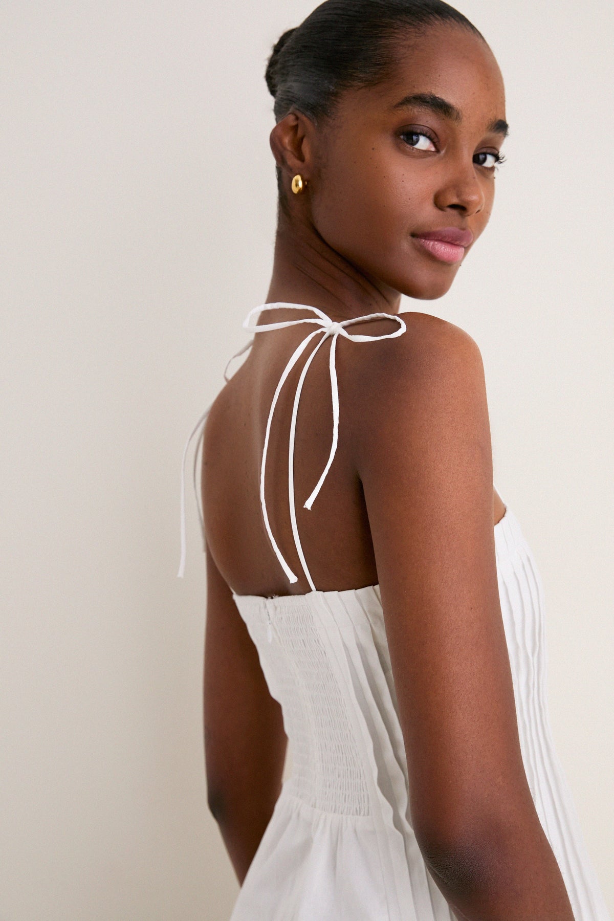 Off White Pleated Front Detail Midi Dress