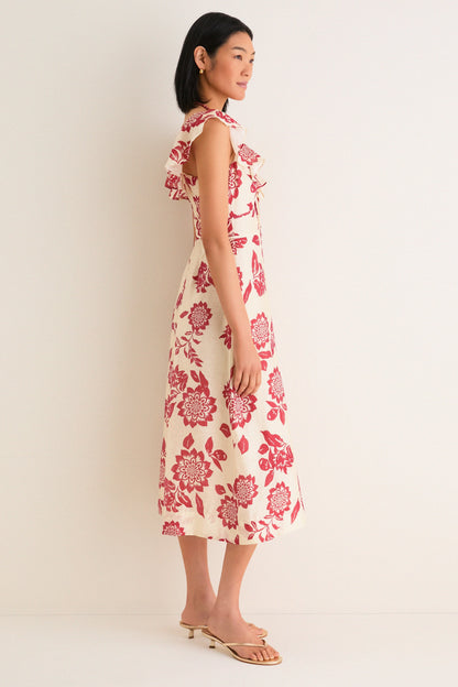 Cream and Red Jacqueline Flutter Sleeve Midi Dress