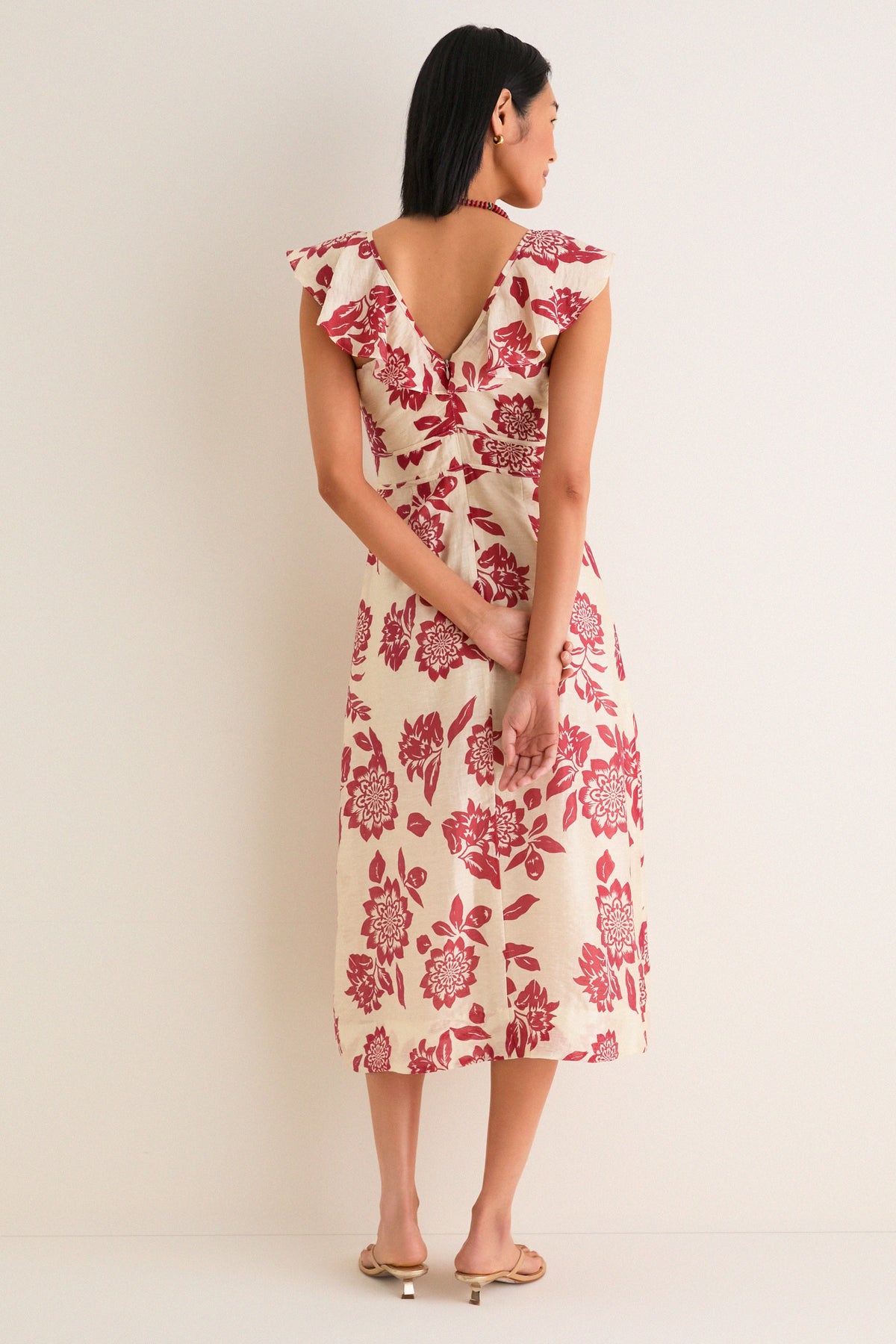 Cream and Red Jacqueline Flutter Sleeve Midi Dress