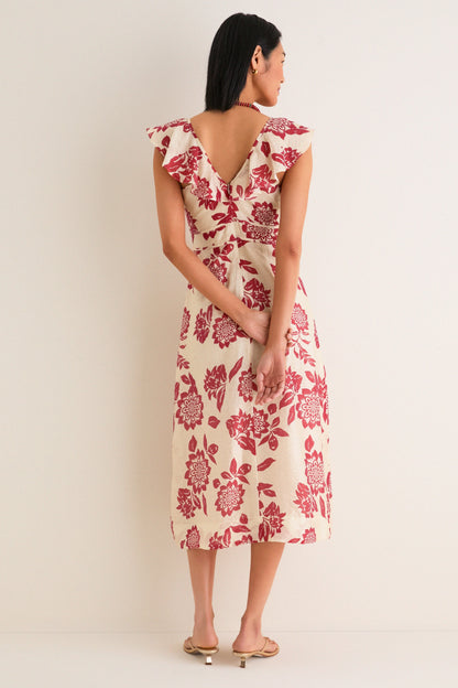 Cream and Red Jacqueline Flutter Sleeve Midi Dress