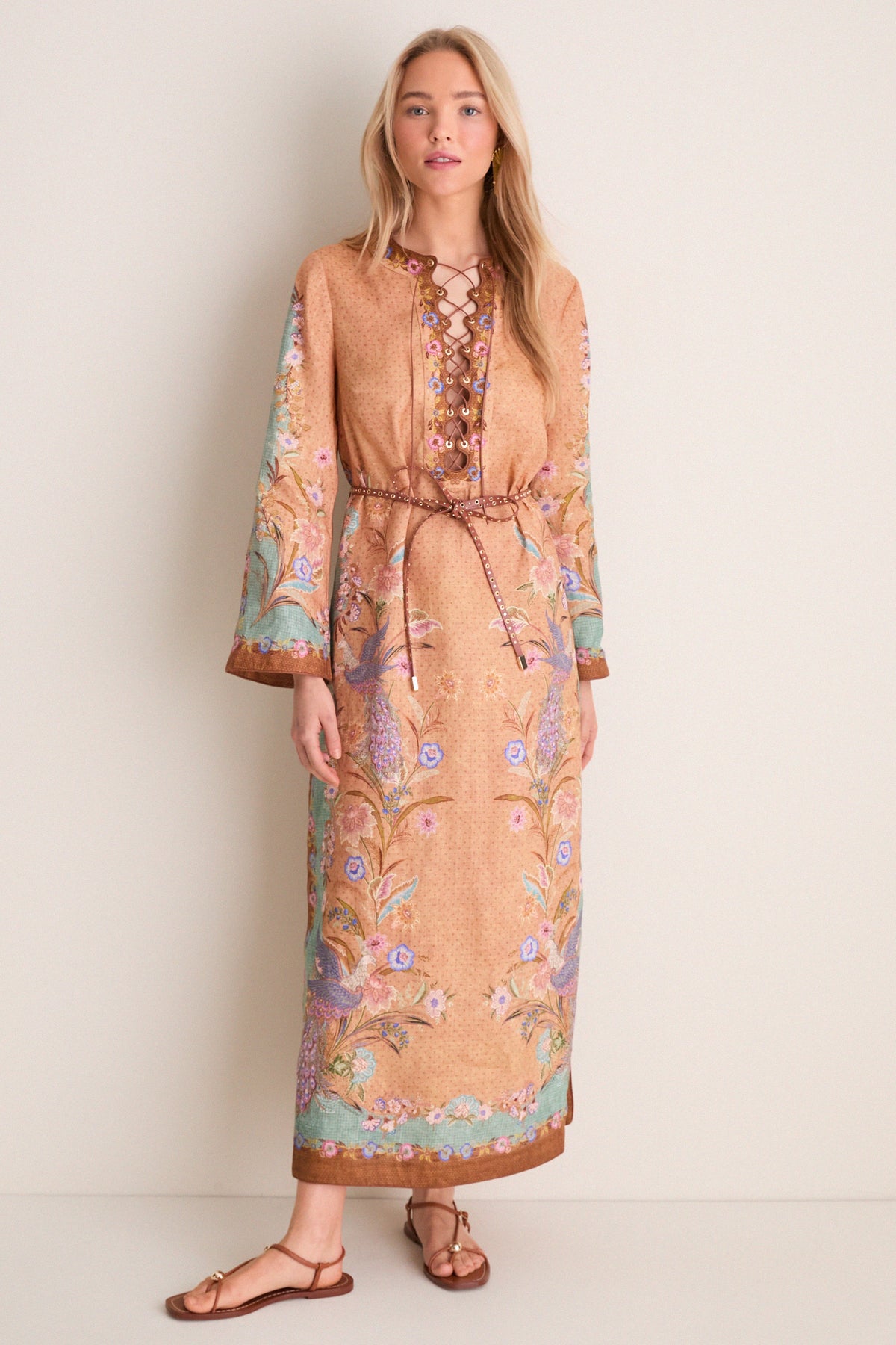 Tan Scarf Floral Indra Tunic Midi Dress