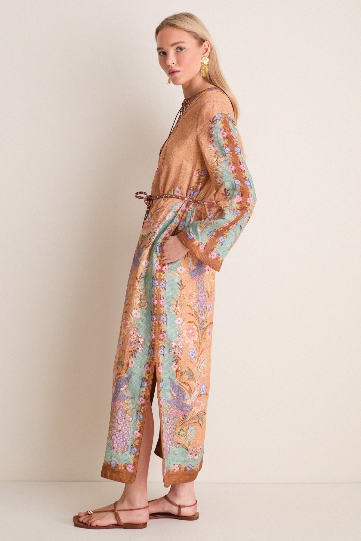 Tan Scarf Floral Indra Tunic Midi Dress