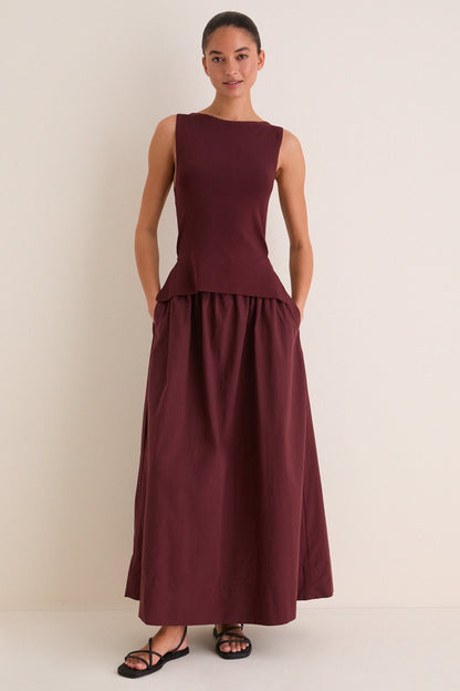 Dark Cherry Boatneck Mix Media Midi Dress