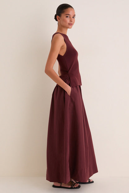 Dark Cherry Boatneck Mix Media Midi Dress