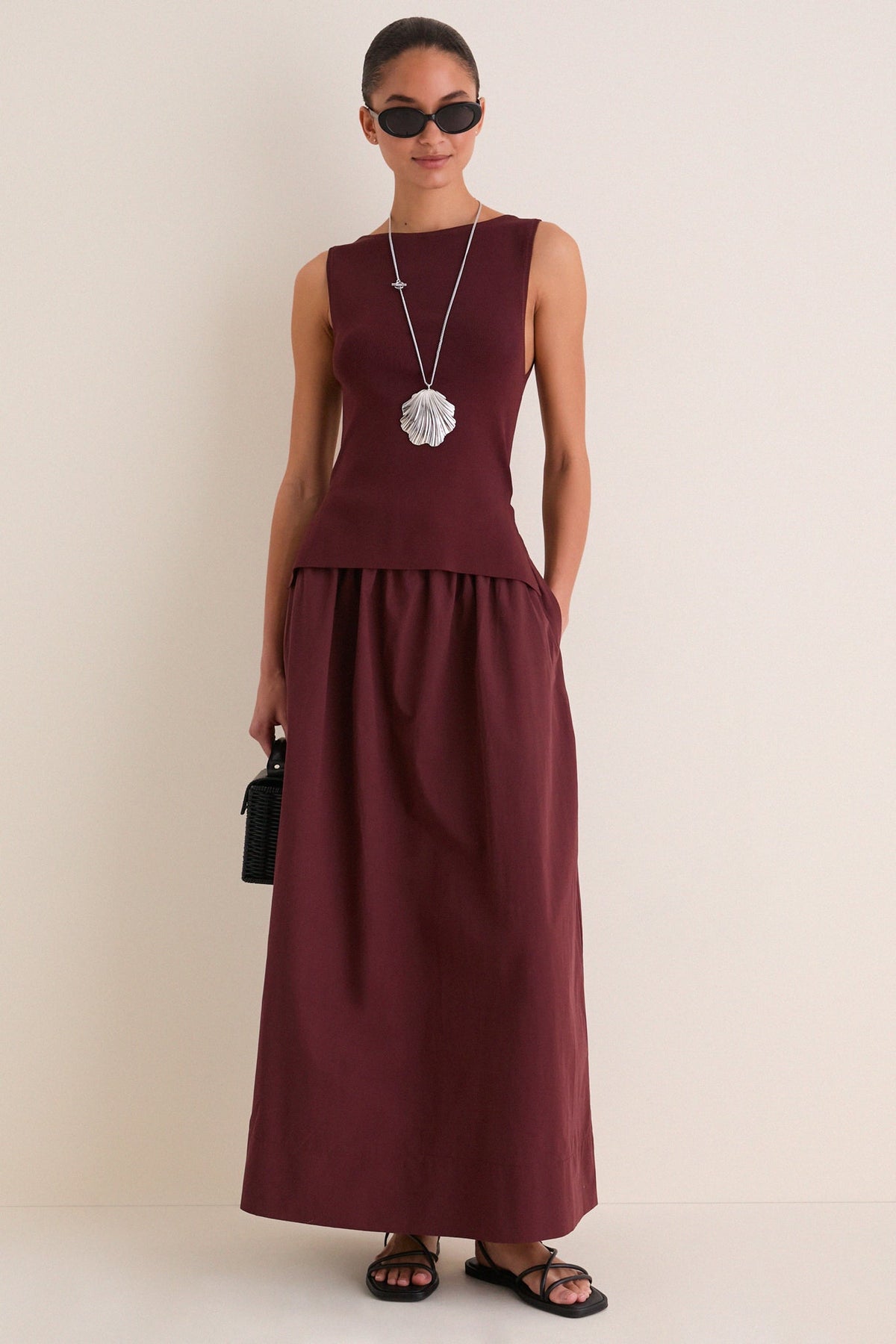 Dark Cherry Boatneck Mix Media Midi Dress