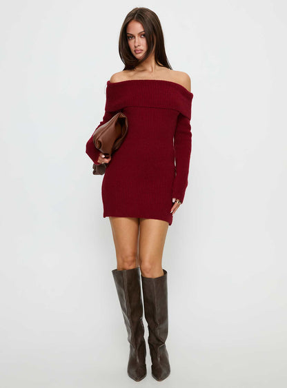 Noriko Long Sleeve Knit Mini Dress Burgundy