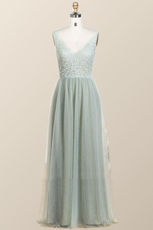 Sage Green Lace and Tulle Long Bridesmaid Dress