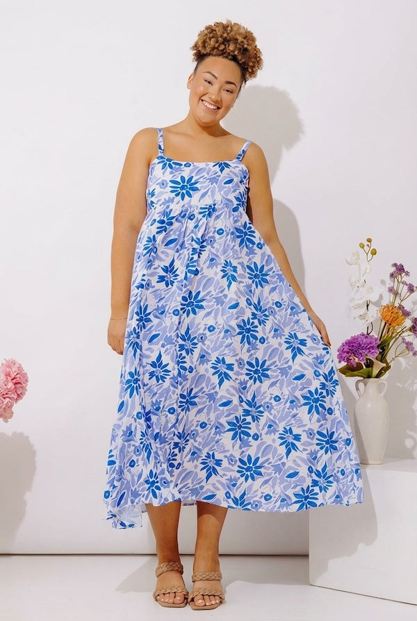 Tranquil Time Floral Midi Dress in Ocean Blue Curves