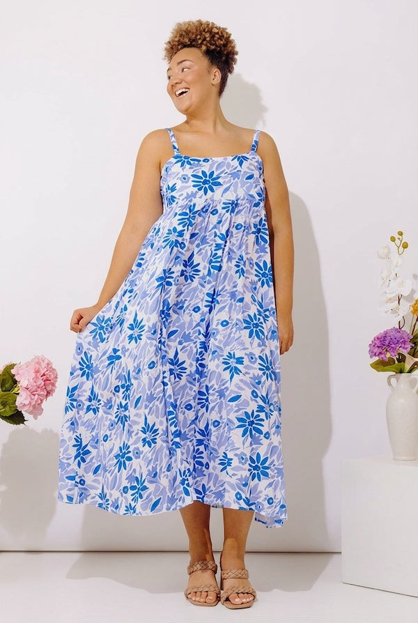 Tranquil Time Floral Midi Dress in Ocean Blue Curves