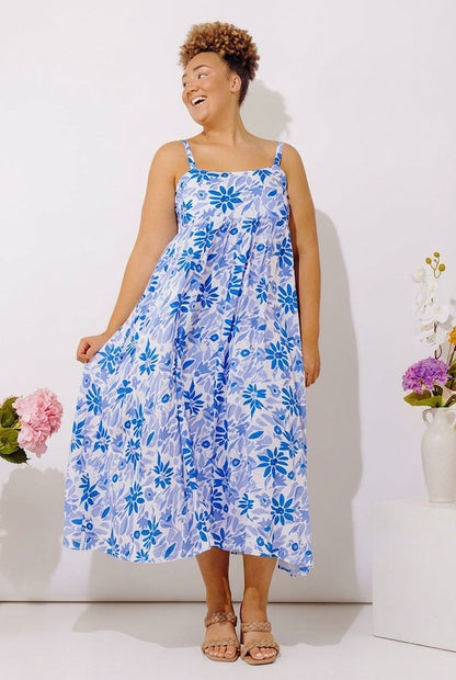 Tranquil Time Floral Midi Dress in Ocean Blue Curves