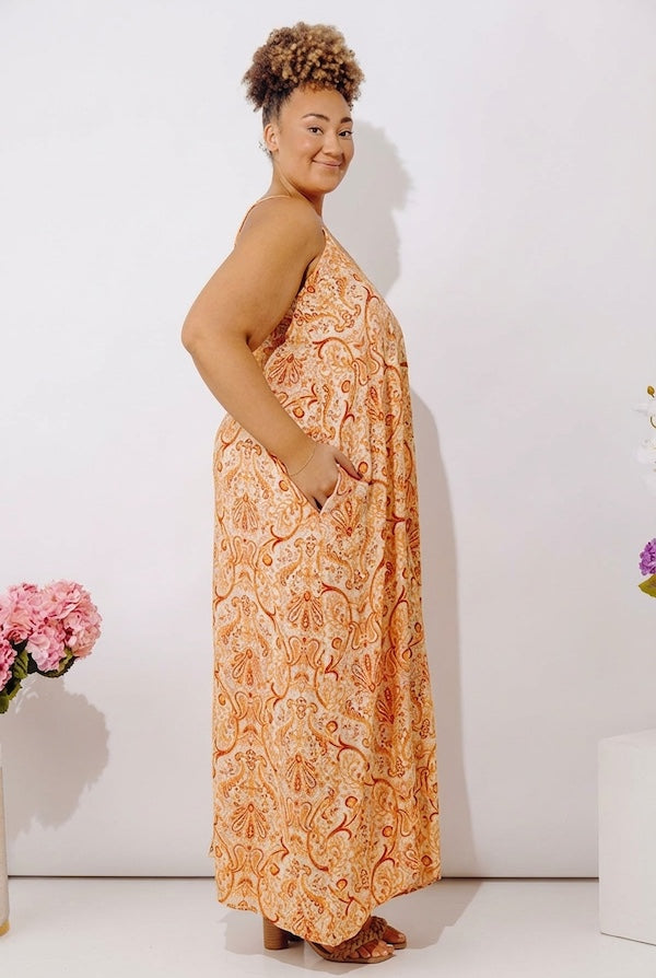 Sandy Shore Paisley Maxi Dress In Orange Curves