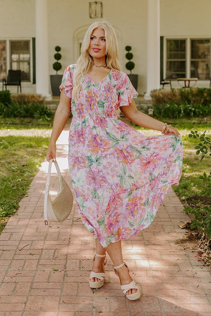 Sunny Sangria Floral Midi Dress in Pink Curves