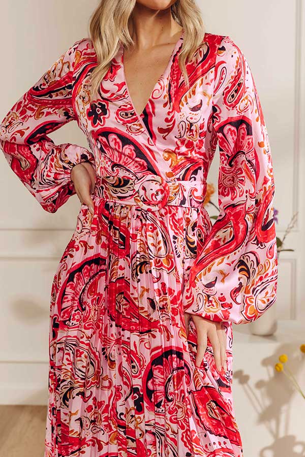 Colorburst Couture Paisley Pleated Maxi Dress in Pink