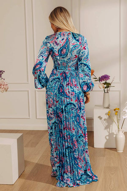 Colorburst Couture Paisley Pleated Maxi Dress in Sky Blue