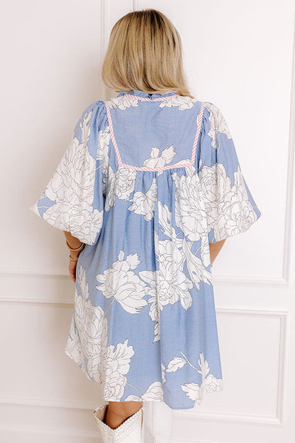 Vineyard Stroll Floral Mini Dress in Sky Blue