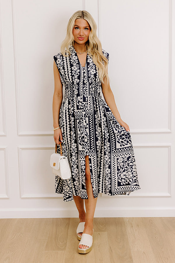 Hawaii Holiday Floral Midi Dress in Navy