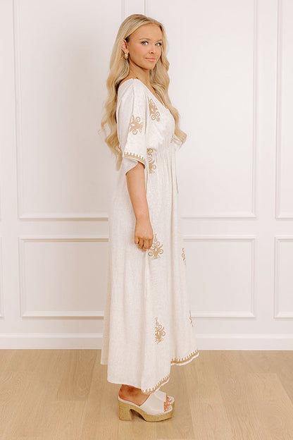 Island Oasis Linen-Blend Embroidered Midi Dress