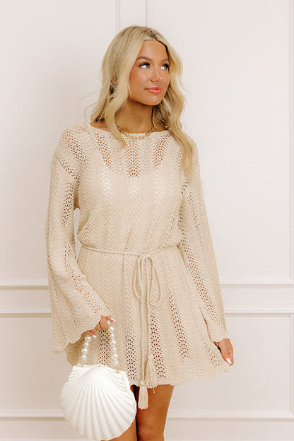Oceanside Dreaming Pointelle Knit Mini Dress in Oatmeal