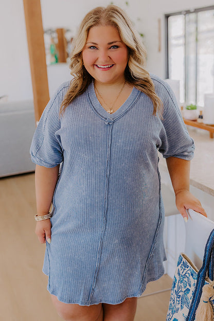 Girls Brunch Ribbed T-shirt Mini Dress in Airy Blue Curves
