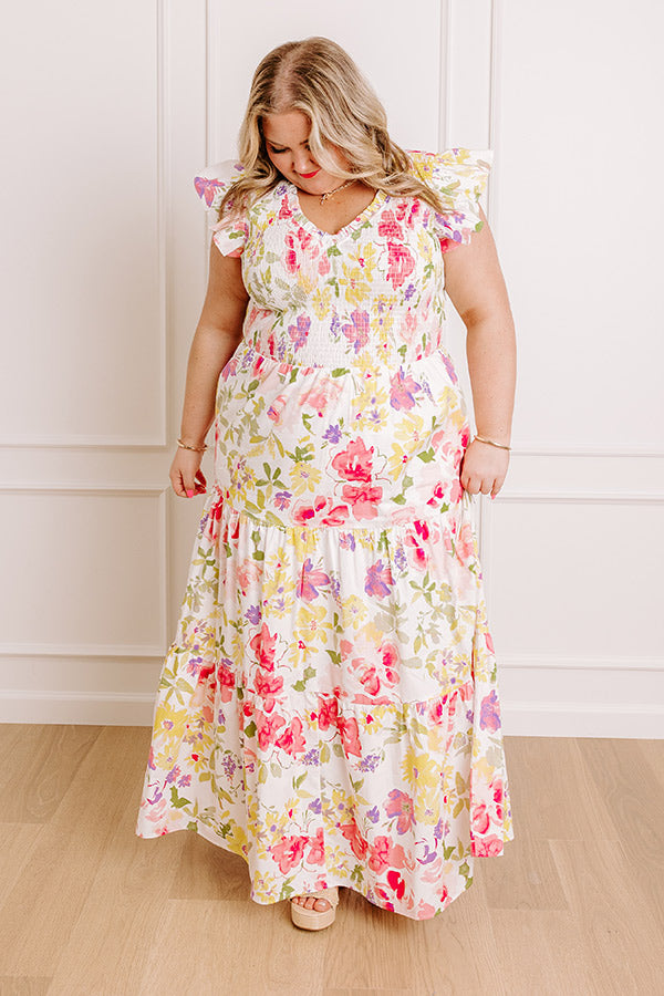 Gleaming Smile Floral Smocked Midi Dress in Blush Curves