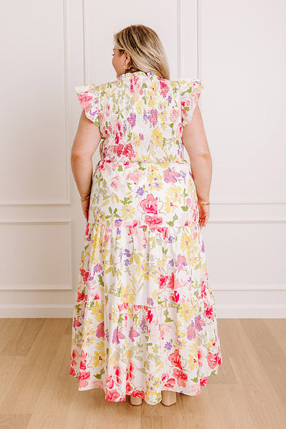 Gleaming Smile Floral Smocked Midi Dress in Blush Curves