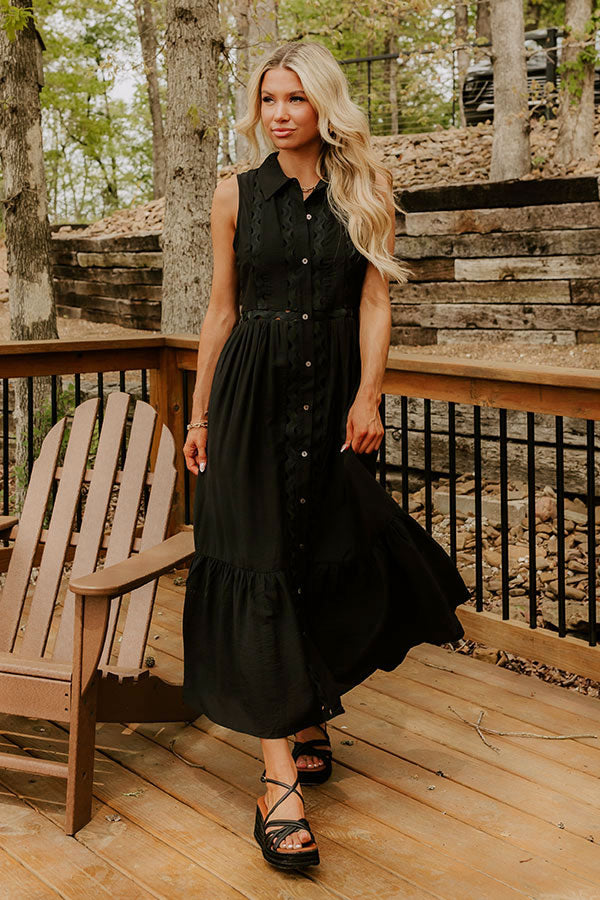 Graceful Moments Button Down Midi Dress in Black