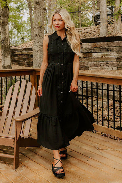 Graceful Moments Button Down Midi Dress in Black