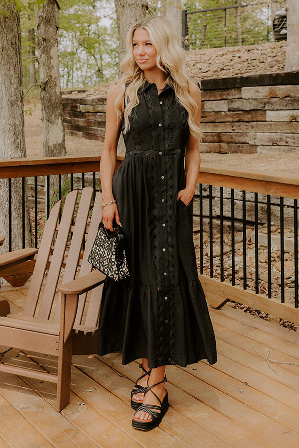 Graceful Moments Button Down Midi Dress in Black