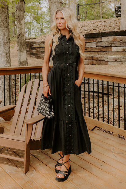 Graceful Moments Button Down Midi Dress in Black