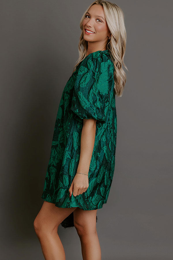 Holiday Happiness Floral Jacquard Mini Dress in Hunter Green
