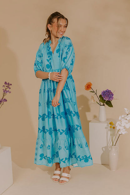 Cherished Moment Floral Midi Dress in Sky Blue