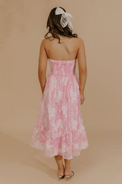 Veranda Elegance Floral Jacquard Midi Dress in Pink