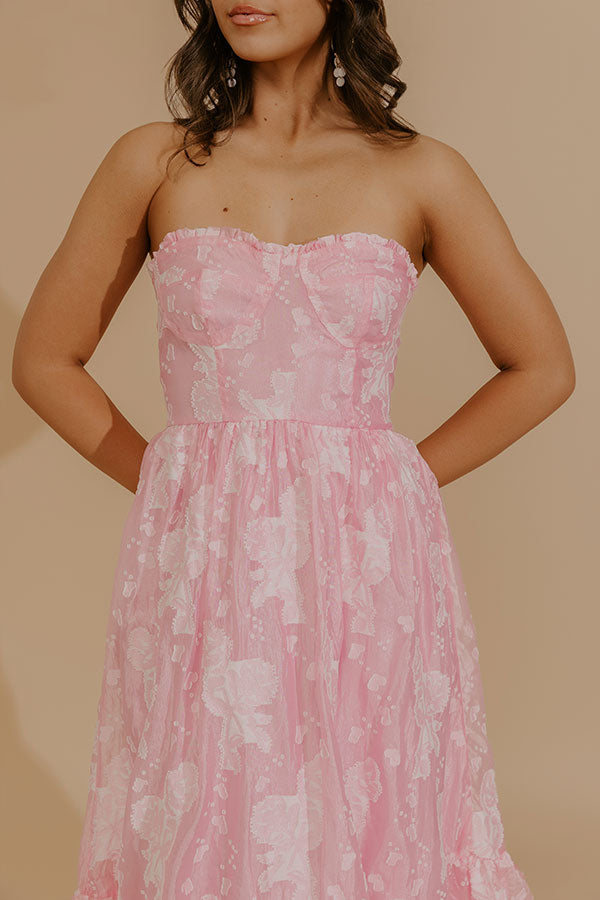 Veranda Elegance Floral Jacquard Midi Dress in Pink