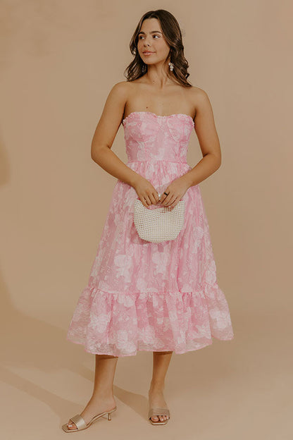 Veranda Elegance Floral Jacquard Midi Dress in Pink