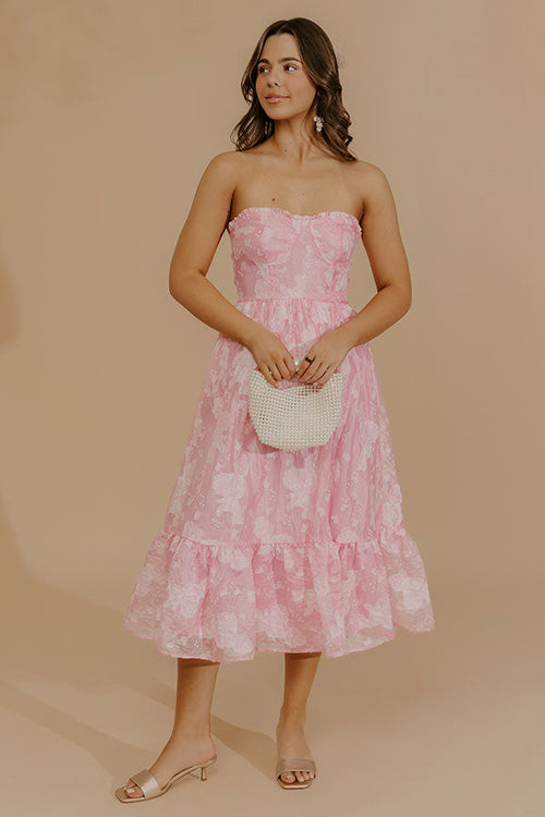Veranda Elegance Floral Jacquard Midi Dress in Pink