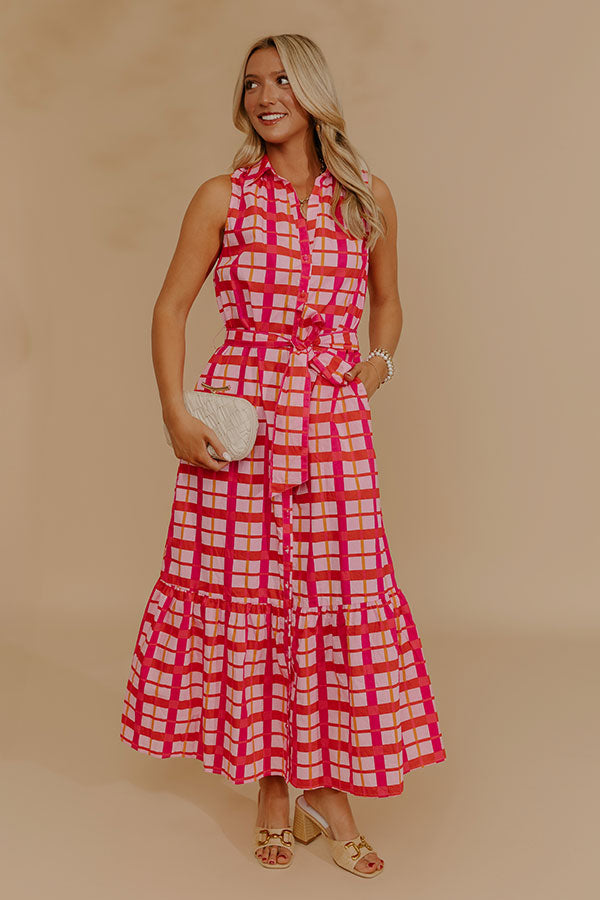 Boardwalk Stroll Plaid Maxi Dress in Hot Pink