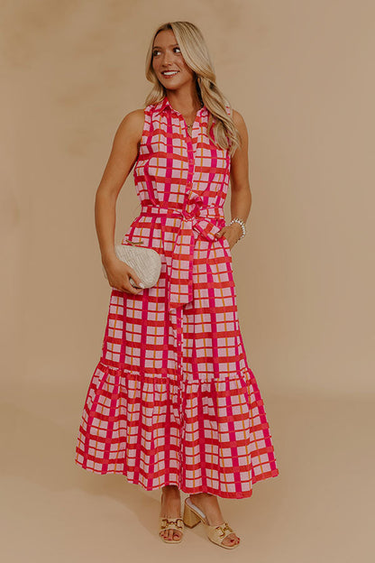 Boardwalk Stroll Plaid Maxi Dress in Hot Pink