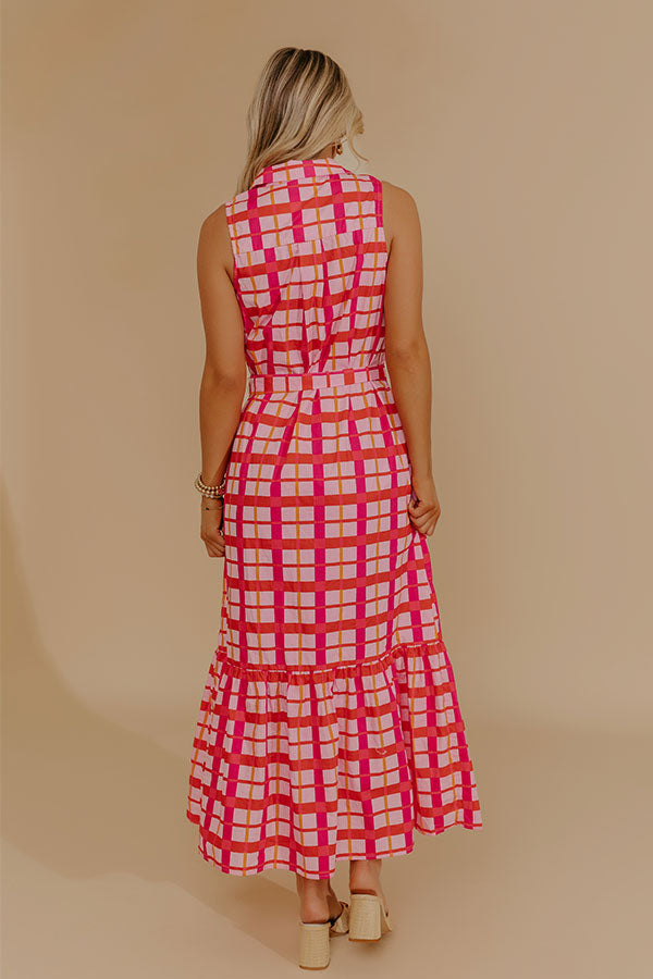 Boardwalk Stroll Plaid Maxi Dress in Hot Pink