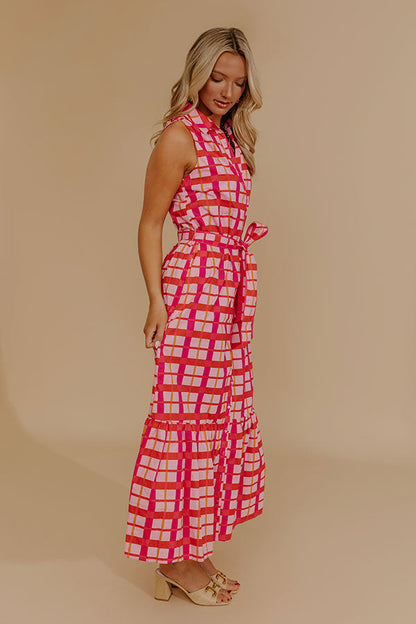 Boardwalk Stroll Plaid Maxi Dress in Hot Pink