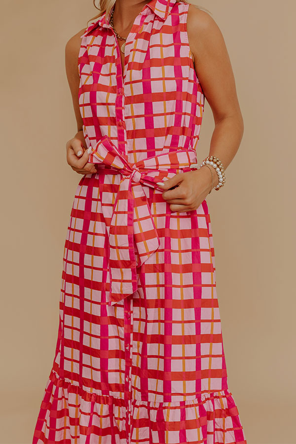 Boardwalk Stroll Plaid Maxi Dress in Hot Pink