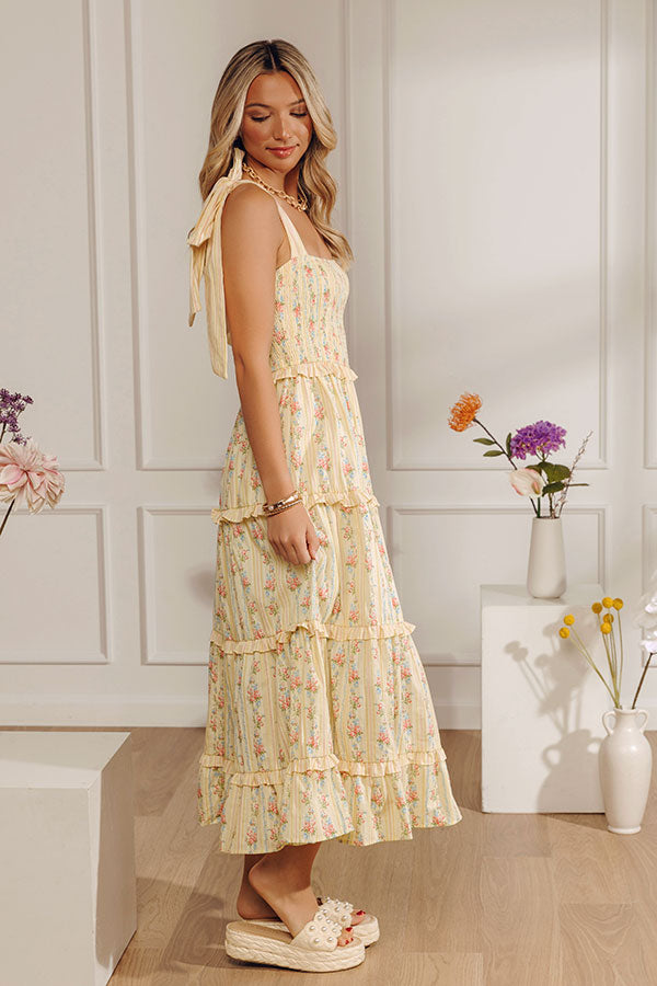 Prairie Bloom Floral Tiered Midi Dress in Yellow