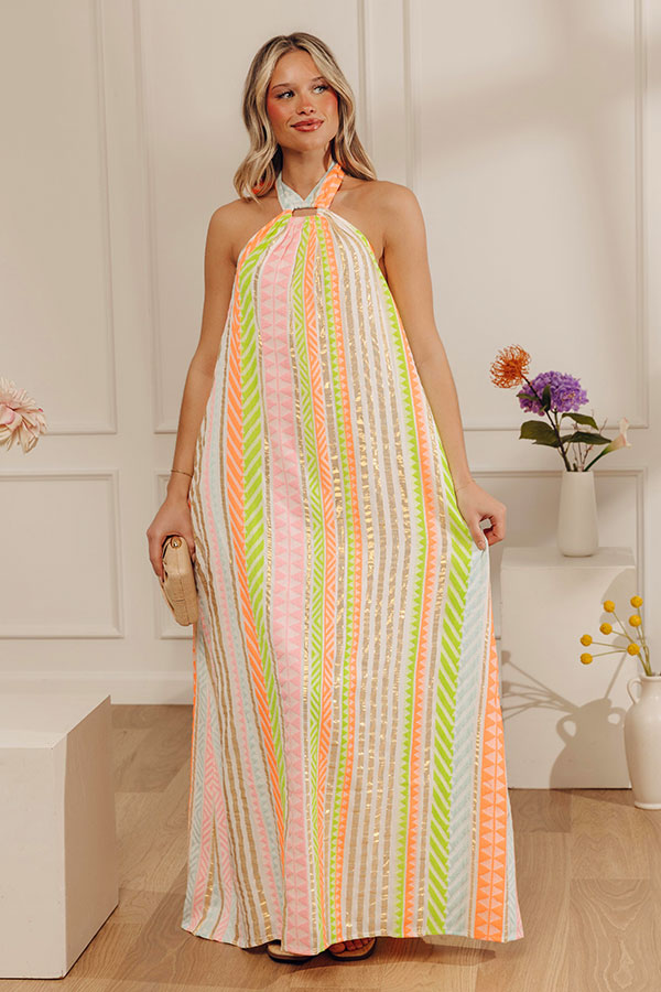 Resort Ready Stripe Woven Halter Maxi Dress