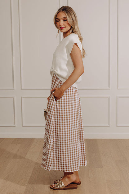Countryside Chic Two Piece Gingham Midi Dress in Mocha
