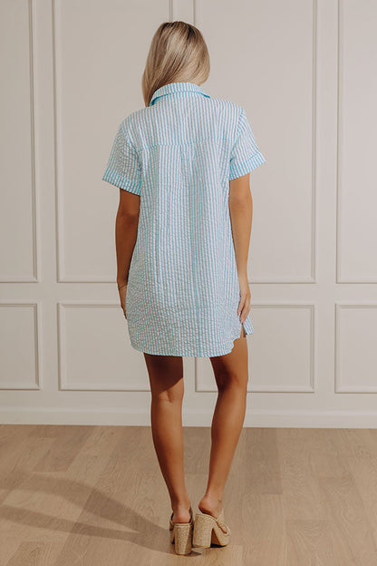 Summer in Stripes Seersucker Mini Dress in Aqua