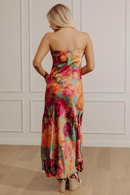 Boho Energy Floral Satin Maxi Dress in Sage