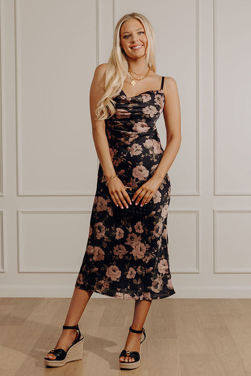 Garden At Midnight Floral Satin Midi Dress