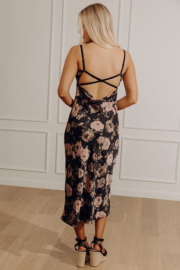 Garden At Midnight Floral Satin Midi Dress