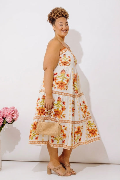 Acapulco Sunshine Floral Midi Dress in Cream Curves