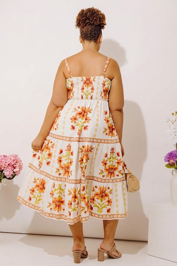 Acapulco Sunshine Floral Midi Dress in Cream Curves