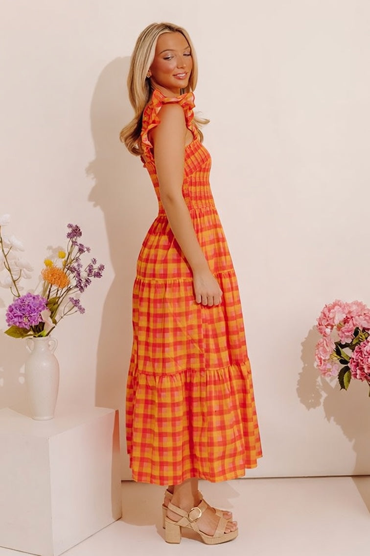 Sunburst Chic Gingham Midi Dress